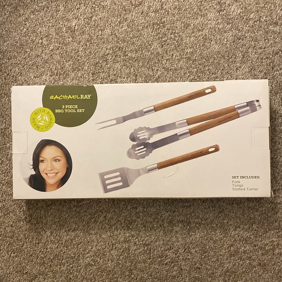 Rachel Ray 3 piece BBQ Bamboo Tool Set Fork Tongs Slotted Turner - Picture 2 of 8